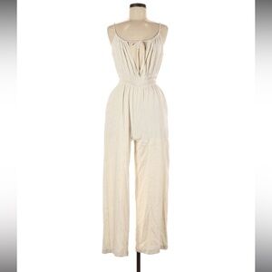Monteau Los Angeles Linen Blend Wide leg Beige jumpsuit w pockets Sz M NWT!